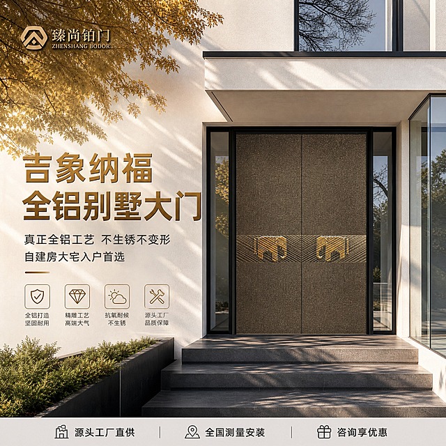 [主图-1] 臻尚铂门 吉象纳福全铝别墅大门 品牌成交首图，核心任务是展示高端别墅大门整体效果与品牌价值，吸引自建房大宅业主点击。
[统一基调] 现代轻奢高端风格，整体色调以深古铜金色、高级灰、米白色为主，标题字色用古铜金搭配深灰，辅助文字用深灰色，强调色为金色，字体为高端无衬线粗体，字号层级分明，卡片和图标采用简约金属质感边框，整体传递专业、品质、大宅风范。
[画面] 画面主体为臻尚铂门吉象纳福全铝别墅大门，安装在现代简约风格的独栋别墅入户处，正面平视略微仰视角度，大门占画面约65%。大门保持原图外观：深古铜金色竖纹肌理门板，中间一条金色装饰带，带上有一对对称精雕金色吉象图案，黑色窄边框，两侧配玻璃侧窗。别墅外墙为米白色真石漆，顶部有简约悬挑雨棚，左侧有金黄树叶的树枝自然垂入画面，地面是深灰色石材台阶，阳光从左侧斜射，在台阶和墙面上形成自然树影。左上角放置臻尚铂门品牌logo，简约金属质感。左侧中部竖排或横排大标题。底部有一条浅灰色服务信息条。
[光影质感] 商业建筑摄影质感，上午自然光，主光从左上方45度照射，大门金属肌理有细腻高光和阴影，吉象浮雕有明显立体感，台阶有柔和树影，整体光线明亮通透，材质真实高级。
[配色] 主色：深古铜金、高级灰、米白；标题字：古铜金色；辅助字：深灰色；背景：米白建筑外墙+自然环境色。
[文字版式] 左上角：臻尚铂门 logo（金属质感小字）。左侧中部主标题（大号粗体古铜金色）："吉象纳福 全铝别墅大门"。主标题下方两行辅助文案（中号深灰色）："真正全铝工艺 不生锈不变形"、"自建房大宅入户首选"。底部服务条（浅灰底深灰字）："源头工厂直供 全国测量安装 咨询享优惠"。文字均放在左侧负空间，不遮挡大门主体。
[输出要求] 比例1:1，2048x2048，大门主体清晰完整，文字清晰可读，材质质感真实，光影自然。负向：变形、错字、模糊、杂乱、水印、平台logo、大门图案错误、吉象变形、颜色偏差、悬浮感。