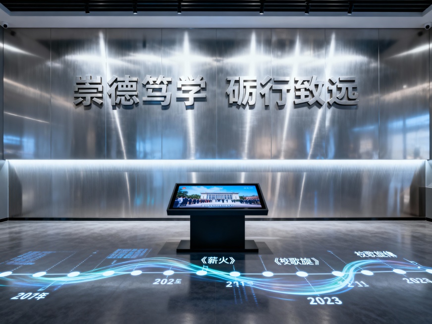 实文化一小校史展厅
序厅：时光之门・精神序章​
核心视觉​
主形象墙，镌刻校训 “崇德笃学 砺行致远”，下方嵌入地面投影时间轴，流动呈现建校以来关键年份。中央设置全息投影装置，循环播放由师生共同拍摄的预览效果