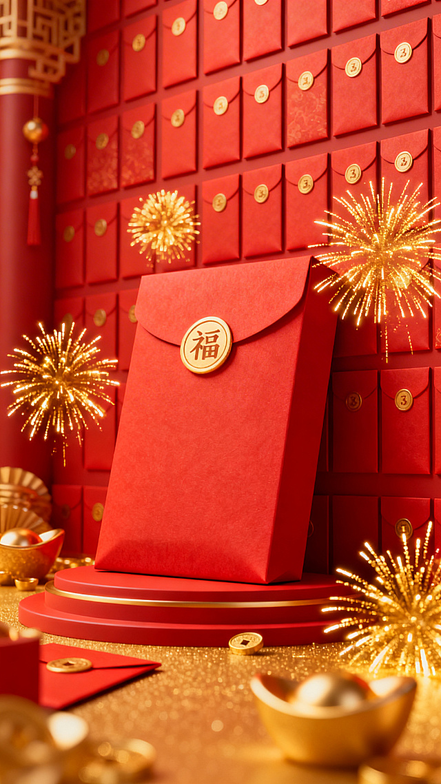 红金大气版商业海报，红包墙背景，以红色金色为主色调，融合新年开门红与3月女神节元素，画面中有立体红包、金色烟花，整体中国风，喜庆大气，3D渲染，8K画质