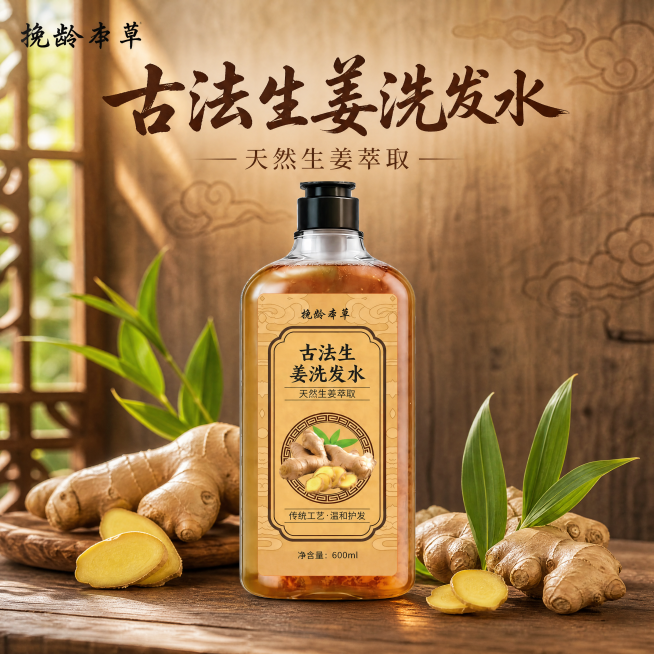 [主图-1] 古法生姜洗发水品牌调性首图，传统中医药风格，融入新鲜生姜原生环境。氛围风格：传统草本天然养生氛围，质朴高级。画质：商业摄影质感，光线柔和通透，产品清晰真实，画面干净高级。元素：生姜洗发水预览效果