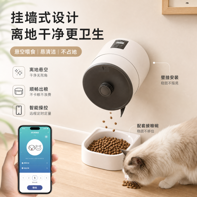 第五张主图：整体场景展示挂墙式智能宠物喂食器安装在现代家居墙面上，搭配干净整洁的空间，突出悬空卫生无死角，整体美观和谐，家居治愈风，浅色系温馨环境，适合亚马逊跨境平台，比例1:1预览效果