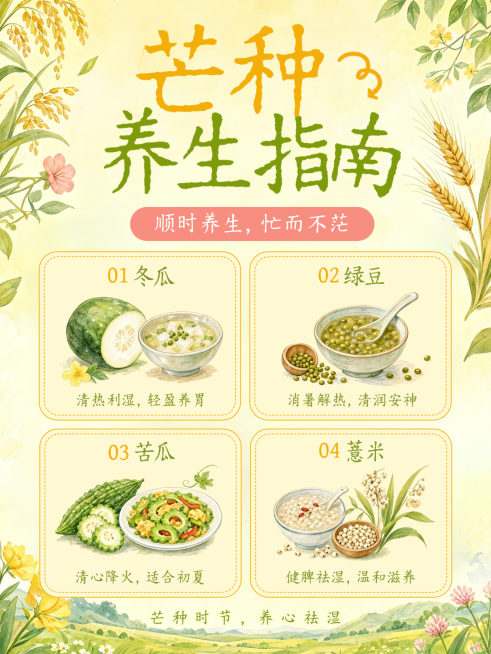 芒种节气养生指南科普清新水彩风插画小红书配图预览效果