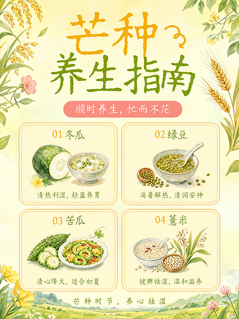 芒种节气养生指南科普清新水彩风插画小红书配图