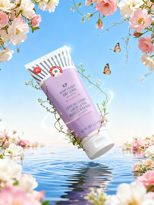 主体倾斜10度悬浮在水上（主体占画面比为30%），自然元素（花朵、藤蔓、小草）装饰主体，2只小蝴蝶环绕。画面结合光晕营造出梦幻、轻盈的氛围感，背景为渐变蓝天，大量粉白花丛、花朵漂浮在水面和空中，整个画面清透明亮，保证溶图效果。