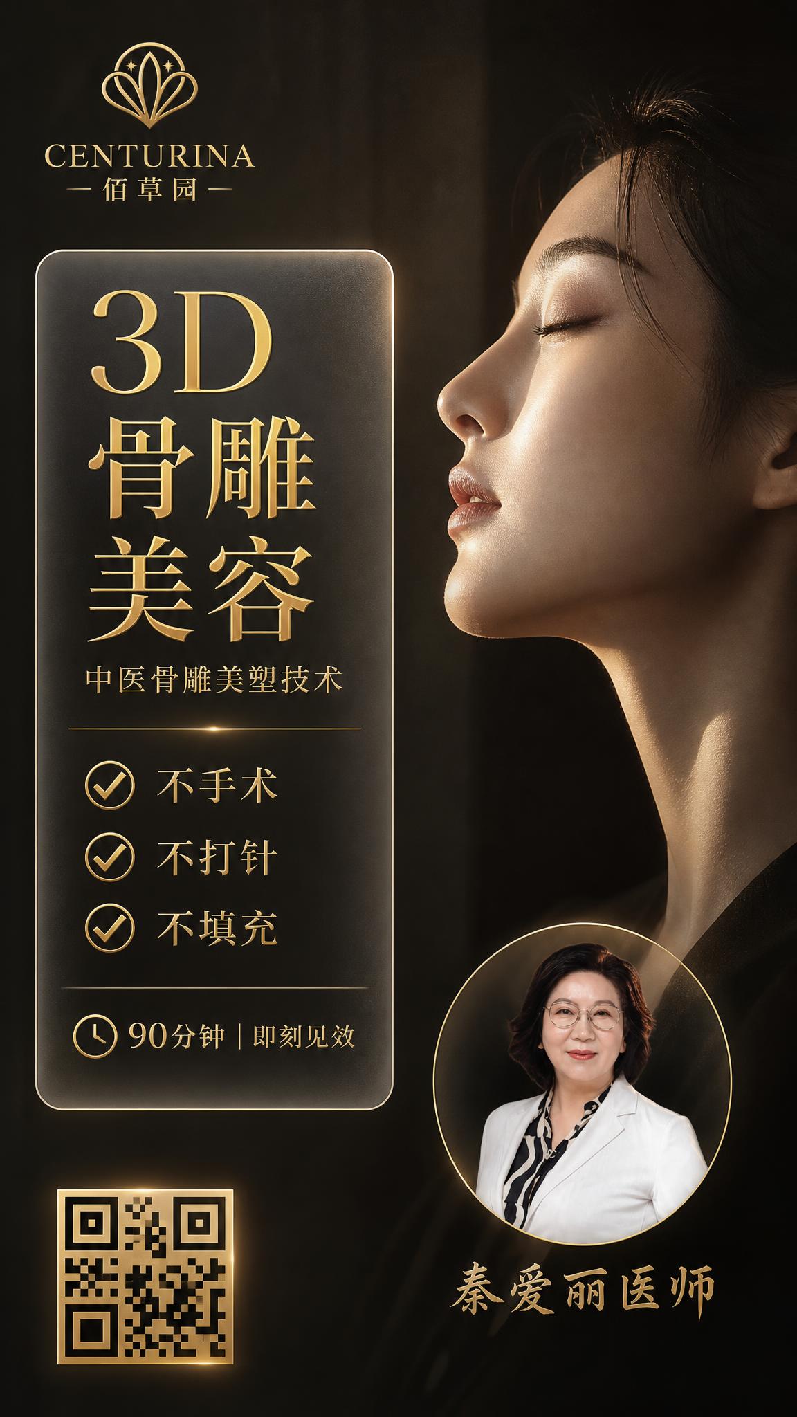 中医骨雕美容宣传海报，中文版，高端暗调磨砂玻璃风。竖版9:16… - 图片创意预览