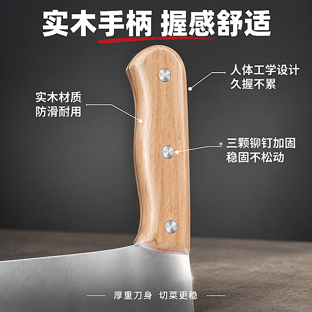 [主图-3 手柄细节] 浅色实木手柄细节展示 突出人体工学设计 三颗铆钉加固 握感舒适
[统一基调] 深灰渐变背景 暖灰色台面 金属银白高光 中国红强调色 粗黑体大字标题 商业棚拍质感 高对比 金属反光清晰
[画面] 菜刀手柄部分展示 手柄竖直在上 宽刀身与手柄连接处清晰可见 手柄占画面约60% 浅色实木纹理自然清晰 木纹质感温润 三颗银色圆形铆钉整齐竖直排列 铆钉表面有金属光泽 手柄曲线符合人体工学 宽刀身与手柄连接处过渡自然 顶部大标题"实木手柄 握感舒适" 左侧引线标注"实木材质 防滑耐用"指向手柄中部 中间引线标注"三颗铆钉加固 稳固不松动"指向铆钉 右侧引线标注"人体工学设计 久握不累"指向手柄曲线 底部小字"厚重刀身 切菜更稳"
[光影质感] 柔和侧光突出木纹质感 铆钉高光清晰 手柄曲面明暗过渡自然 整体光影温暖 体现实木的温润质感
[配色] 深灰背景 浅色木手柄 银色铆钉 红色标题 白色说明文字 引线用白色细线
[文字版式] 顶部居中主标题粗黑体 三条引线标注分布在手柄两侧 底部一行说明文字 文字不遮挡手柄主体
[输出要求] 1:1比例 木纹清晰 铆钉金属质感真实 文字清晰可读 无变形 无水印