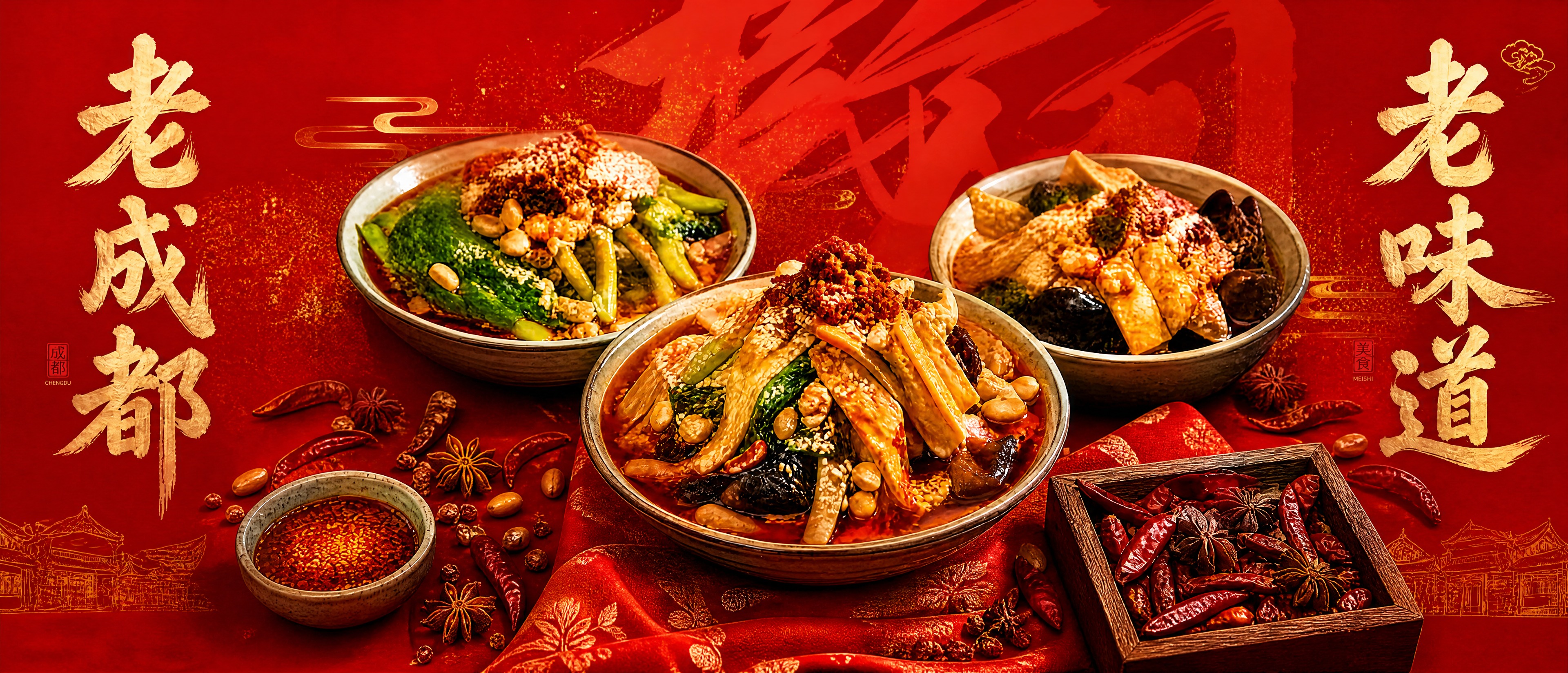将背景改为大红色底色，保持画面中央的红油拌菜和左右两侧竖排的"… - 图片创意预览