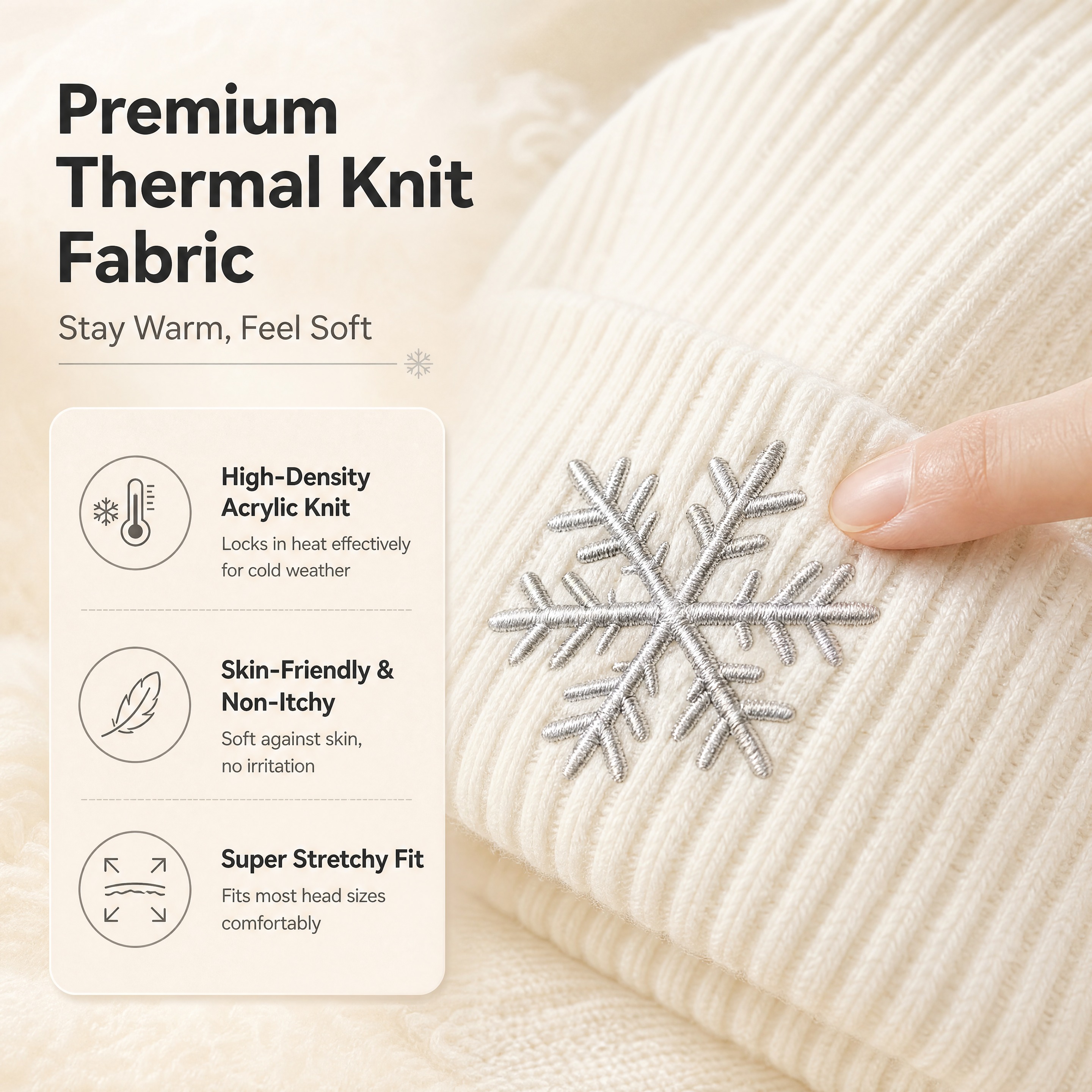 [商品] 使用【图1】奶白色雪花刺绣翻边针织冷帽；商品处理：保… - 图片创意预览
