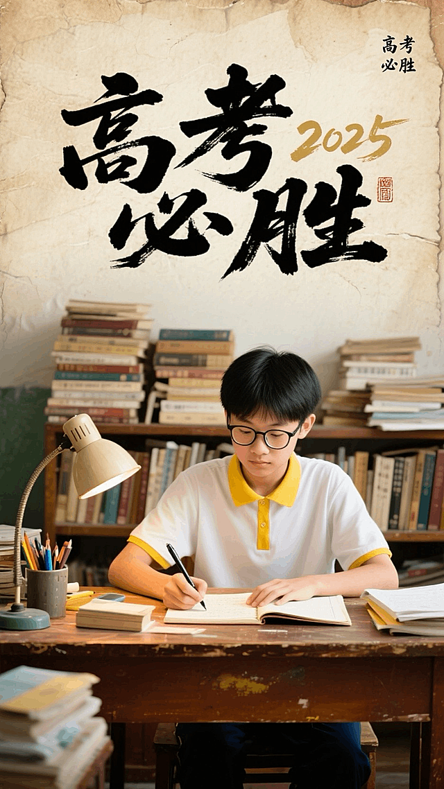 一张高考加油海报，风格融合传统与现代元素。画面以做旧纸张纹理为背景，营造出复古氛围。上方用豪放的黑色毛笔字写着 “高考必胜” ，字体苍劲有力。右上角用金色字体标注 “2025” ，旁边有 “高考必胜” 小印章。画面下方是一位中国学生坐在桌前，桌上有台灯、书本、文具等，身后有书籍。他手持笔在本子上书写。
