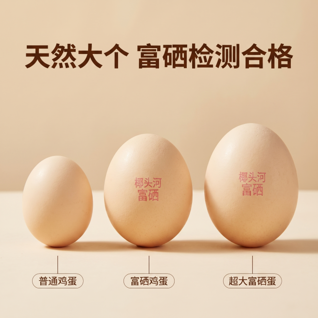 [主图 3] 富硒鸡蛋品质检测展示，突出富硒含量优势。
[氛围风格] 专业可信，自然干净；
[画质] 商业摄影质感、光线柔和通透、产品清晰真实、画面干净高级。
[元素] 三颗大个富硒鸡蛋横向排列展示，预览效果