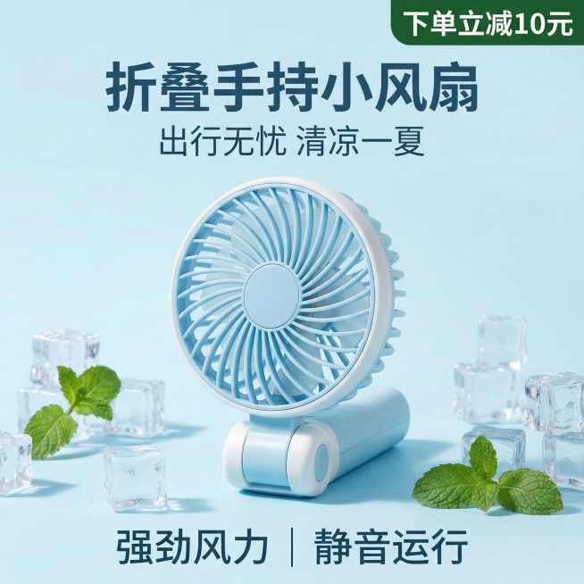 [主图 1] 
[主图主题] 折叠手持小风扇促销首图
[氛围/风格] 清新夏日风格，清爽通透，明亮自然光
[画面元素] 折叠手持小风扇居中展示，放置在淡蓝色夏日背景中，背景点缀冰块和薄荷叶元素，营造清预览效果