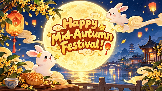 中国式卡通风格中秋节背景图，画面中央有醒目的文字"Happy Mid-Autumn Festival!"，圆润可爱的卡通字体。画面中有一轮明亮的满月，飘浮的祥云，可爱的玉兔在月亮旁玩耍，几枝桂花点缀，远处有中式亭台楼阁的剪影。整体色调以暖黄色、金色和深蓝色为主，温馨喜庆的节日氛围，卡通插画风格，线条柔和，色彩饱满，画面精美细腻