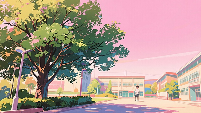 二次元，浪漫，约会，校园，树下，景点，天空，不要人物，生成10张，细节丰富，元素多彩，浅粉色，不要人物