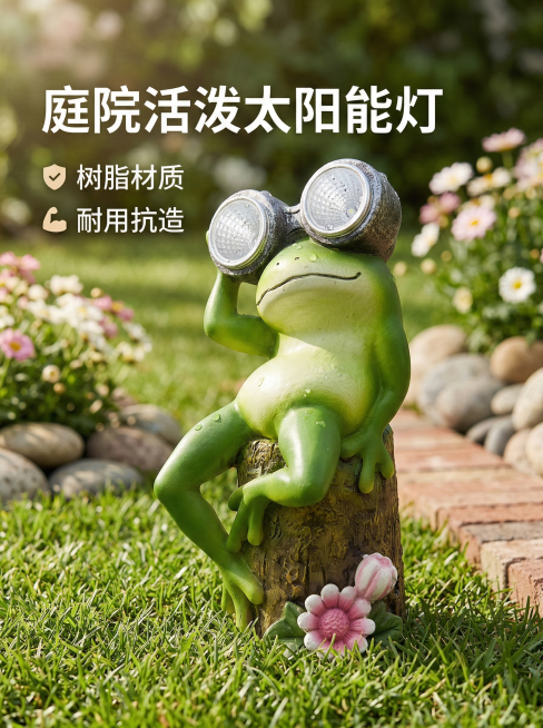 活泼风格，室外草坪场景，青蛙太阳能灯摆件，突出“树脂材质，耐用抗造”卖点，搭配简洁文字说明预览效果