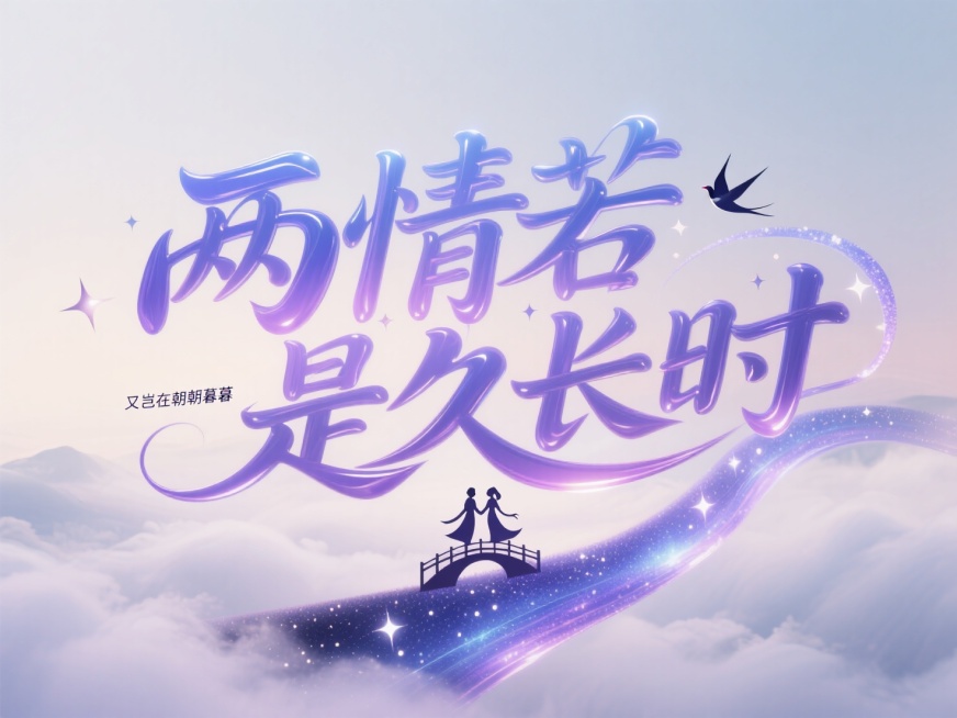 创意字体设计“两情若是久长时，又岂在朝朝暮暮”，字体笔画以渐变蓝紫色调呈现，如流动的星河般蜿蜒缠绕。笔画末端点缀细碎的星光粒子，部分笔画交汇处化作鹊桥剪影，字体整体悬浮于朦胧的云雾背景中，仿佛牛郎织女预览效果