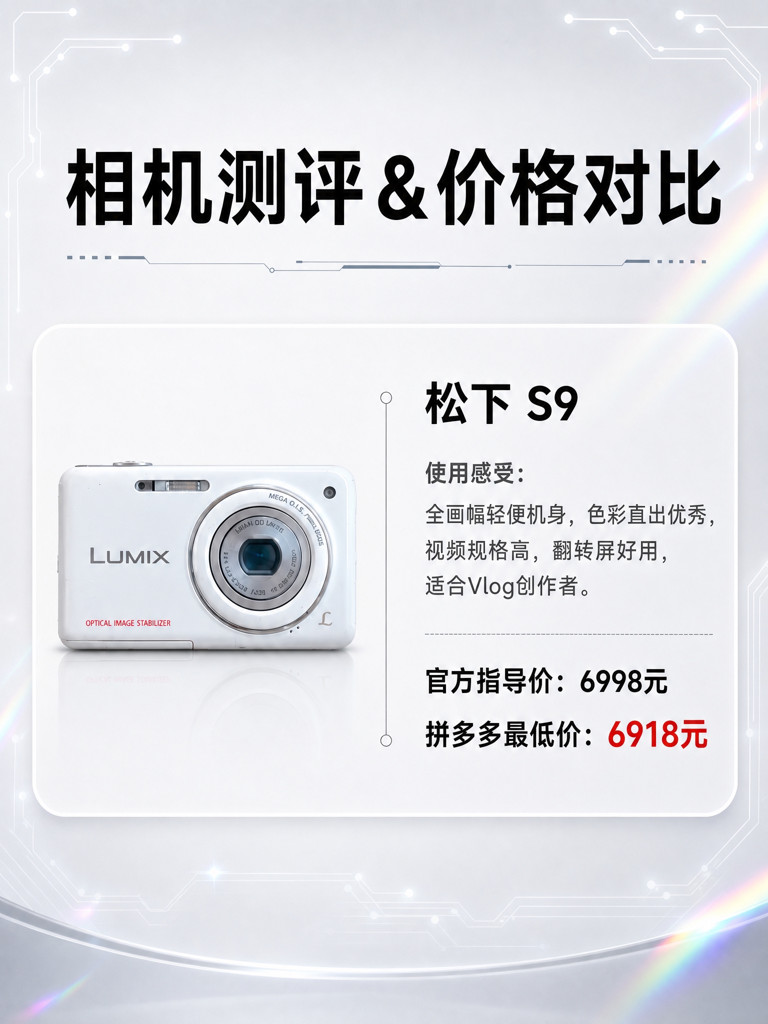 相机测评海报，版式参考第二张图的结构：顶部大标题，下方一个圆角… - 图片创意预览