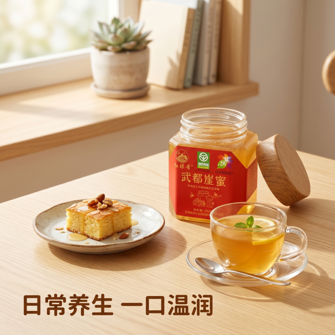 [详情图-10] 下午茶场景图，展示武都崖蜜休闲养生使用场景。[氛围风格] 温馨治愈，生活氛围感。[画质] 商业摄影质感，自然通透。[元素] 简约桌面摆放一杯蜂蜜水，一块甜点，旁边放置一瓶武都崖蜜，保预览效果