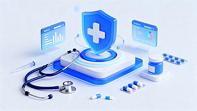 未来感医疗场景，科技蓝主调，3D轻拟物设计，玻璃质感与虚拟界面融合，展现智能健康防护概念。