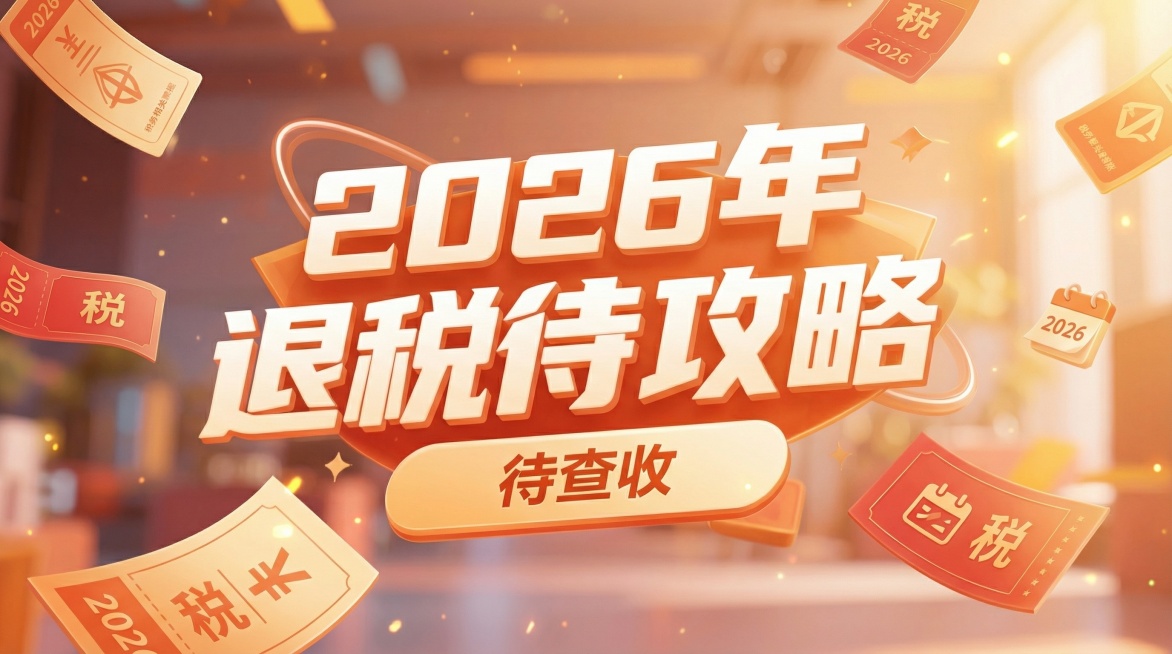 生成和参考图风格一致的海报，主标题文案“2026年保姆级退税攻略”，带有立体艺术字，暖色调，背景有漂浮的税务相关票据元素预览效果