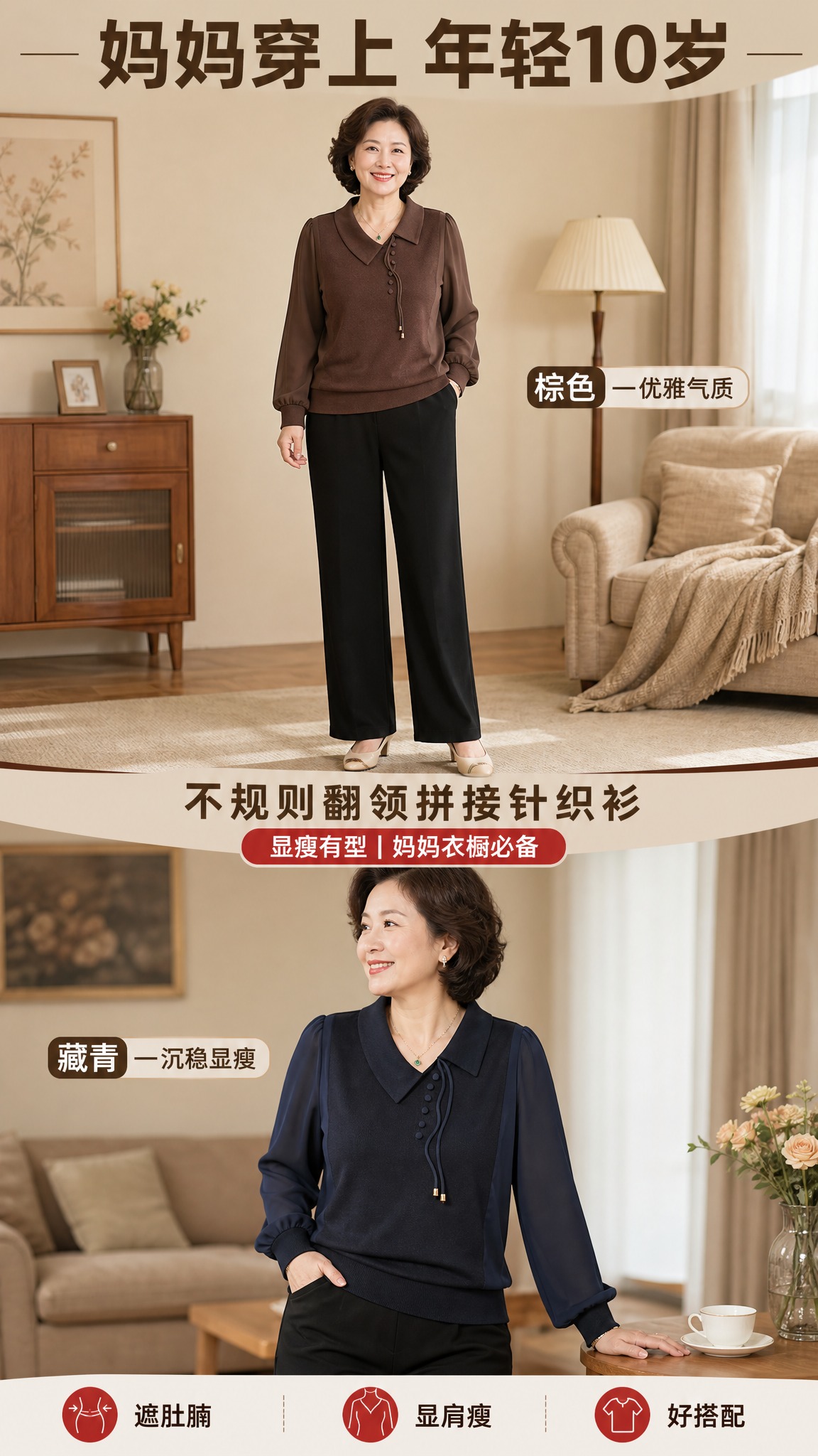 [商品] 使用【图1】棕色和【图2】藏青色不规则翻领拼接长袖针… - 图片创意预览