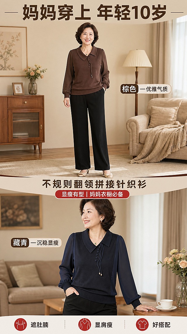 [商品] 使用【图1】棕色和【图2】藏青色不规则翻领拼接长袖针织衫，生成中年女性（40-50岁亚洲妈妈体型）上身穿搭效果；商品处理：保留不规则翻领、斜排纽扣、抽绳、针织拼雪纺袖、版型结构和各自颜色；衣服自然贴合人体，呈现真实穿着褶皱和垂坠感，不改变版型和颜色。
[画面] 目标：上身效果展示页（棕+藏青），展示妈妈穿上后的显瘦效果和气质。构图：竖版9:16，上半部分为棕色款中年女模特正面全身穿搭（搭配黑色长裤，居家/客厅场景），占画面50%；下半部分为藏青色款模特侧面半身穿搭（沙发旁场景），占画面40%；中间穿插文案。背景：温馨客厅/居家场景，暖色调，柔和自然光，营造舒适日常氛围。
[视觉] 套系策略：风格=拼多多接地气高级感商业摄影；标题字=粗黑体醒目大字；正文字=清晰无衬线体；主色=深棕色；背景延展=基于棕色做暖调居家场景、同色系层次；强调色=大红色，仅用于卖点标签和高亮；标题色=深棕色；正文色=深褐色；组件=穿搭标签、效果标注框；光影=自然窗边柔光，温暖柔和。
[文字] 主标题"妈妈穿上 年轻10岁"（顶部居中，棕色粗体）；棕色款旁标注"棕色 — 优雅气质"；藏青色款旁标注"藏青 — 沉稳显瘦"；底部3个小卖点："遮肚腩""显肩瘦""好搭配"（红色小图标+文字）。文字全部横排，不遮挡模特和服装主体。模特为40-50岁亚洲中年女性，气质端庄，体型微胖，真实自然。
[规格] 图片比例9:16竖版，4K，避免变形、错字、文字过小、模特过于年轻、衣服颜色/版型失真、拼多多logo/水印。