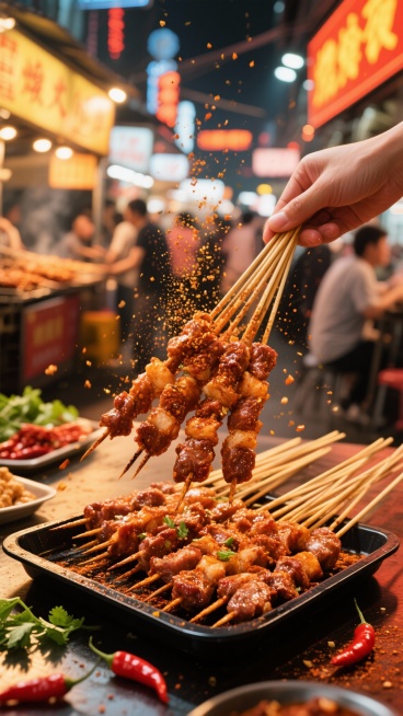 一张热气腾腾的夜市风情烤串海报，前景中一只手正拿着一串撒满辣椒粉的滋滋作响的烤肉串，辣椒粉在空中飞扬，形成金色的细小颗粒轨迹。下方黑色托盘里整齐摆放着多串烤得金黄焦香、油光锃亮的肉串，肉质鲜嫩饱满，表预览效果