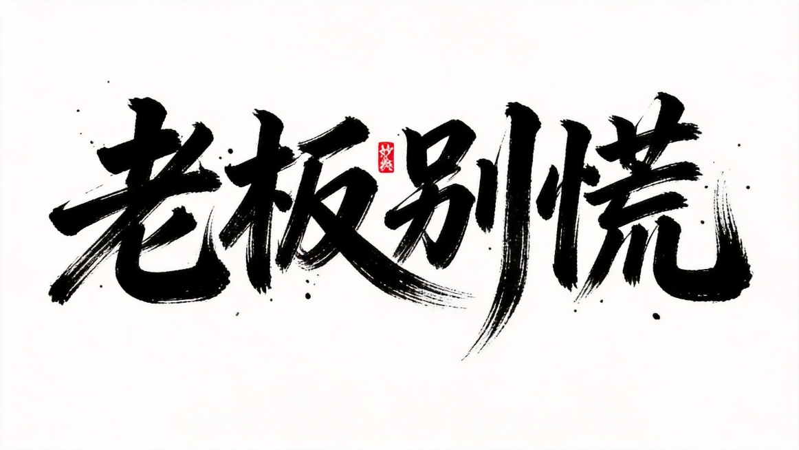 干净的纯白色背景。平面书法字体设计，四个字"老板别慌"，毛笔草书书法手写，参考图风格：极粗重笔画，收笔自然散开带有飞白枯笔效果，大弧度曲线搭配粗细对比，字间紧密穿插融为整体，向右倾斜充满动感张力，墨色预览效果