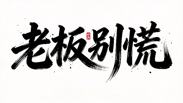 干净的纯白色背景。平面书法字体设计，四个字"老板别慌"，毛笔草书书法手写，参考图风格：极粗重笔画，收笔自然散开带有飞白枯笔效果，大弧度曲线搭配粗细对比，字间紧密穿插融为整体，向右倾斜充满动感张力，墨色浓黑，搭配中间红色小印章，飞白和墨点飞溅收敛在笔画边缘，仅包含四个字"老"、"板"、"别"、"慌"，画面中只能出现这四个字，不得增加、遗漏或替换任何一个字，文字整体必须完整呈现在画面内不可被裁切，四周留有安全边距。比例16:9