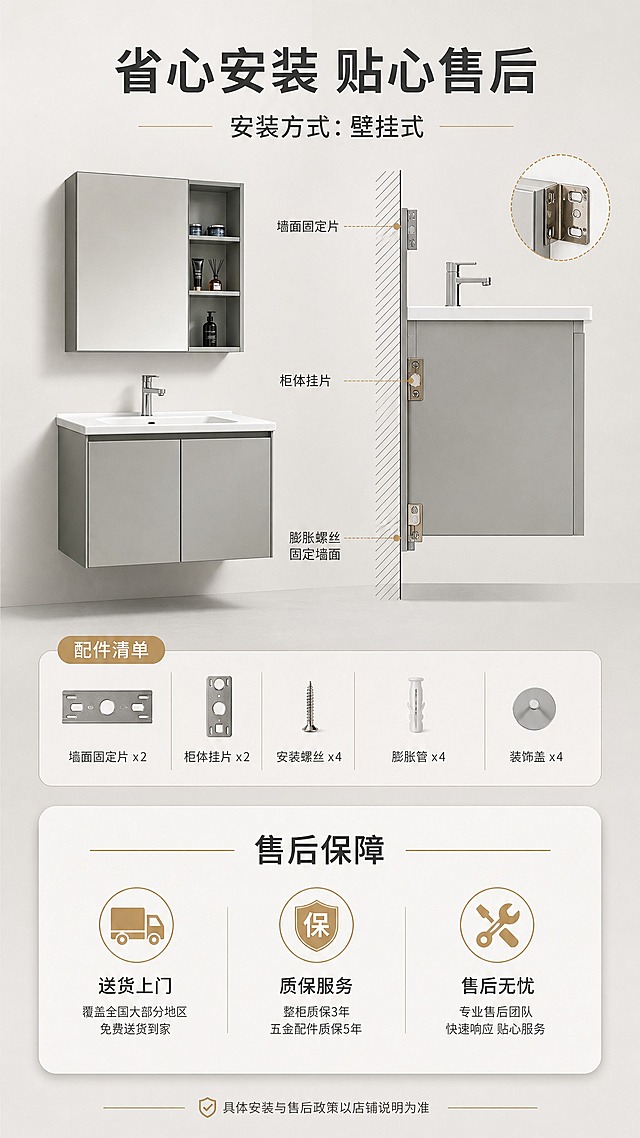 [商品] 使用【图2】浅灰色浴室柜整柜图；保留整柜结构、浅灰色全铝材质、陶瓷盆、水龙头；用于安装示意背景。
[画面] 目标：第11张安装与售后页，说明安装方式与售后保障。构图：上下分区，上半部分为安装方式示意（壁挂式安装示意图+配件小图标），下半部分为售后保障信息卡。主体：上方浴室柜侧面安装示意，展示壁挂式安装结构+膨胀螺丝示意；下方为售后信息区域。背景：浅灰色渐变，简洁干净。
[视觉] 套系策略：风格=现代轻奢简约商业摄影风；标题字=思源黑体粗体；正文字=思源黑体常规体；主色=高级灰+米白；背景延展=基于米白/浅灰做深浅层级、同色渐变；强调色=香槟金，仅用于图标、引线、标签边框；标题色=深炭灰；正文色=中暖灰；组件=圆角售后保障卡、安装示意图标、盾牌/扳手/货车小图标；光影=均匀柔光，清晰展示信息。
[文字] 顶部主标题"省心安装 贴心售后"（8字）。上半部分："安装方式：壁挂式"+配件清单图标（螺丝、膨胀管等）。下半部分售后保障区，3个保障项横排："送货上门""质保服务""售后无忧"，每项配对应小图标。底部小字"具体安装与售后政策以店铺说明为准"。文字全部横排，清晰可读。
[规格] 图片比例9:16竖版，4K，负向提示：避免变形、错字、文字过小、虚假承诺、极限词、水印、冷蓝背景。
