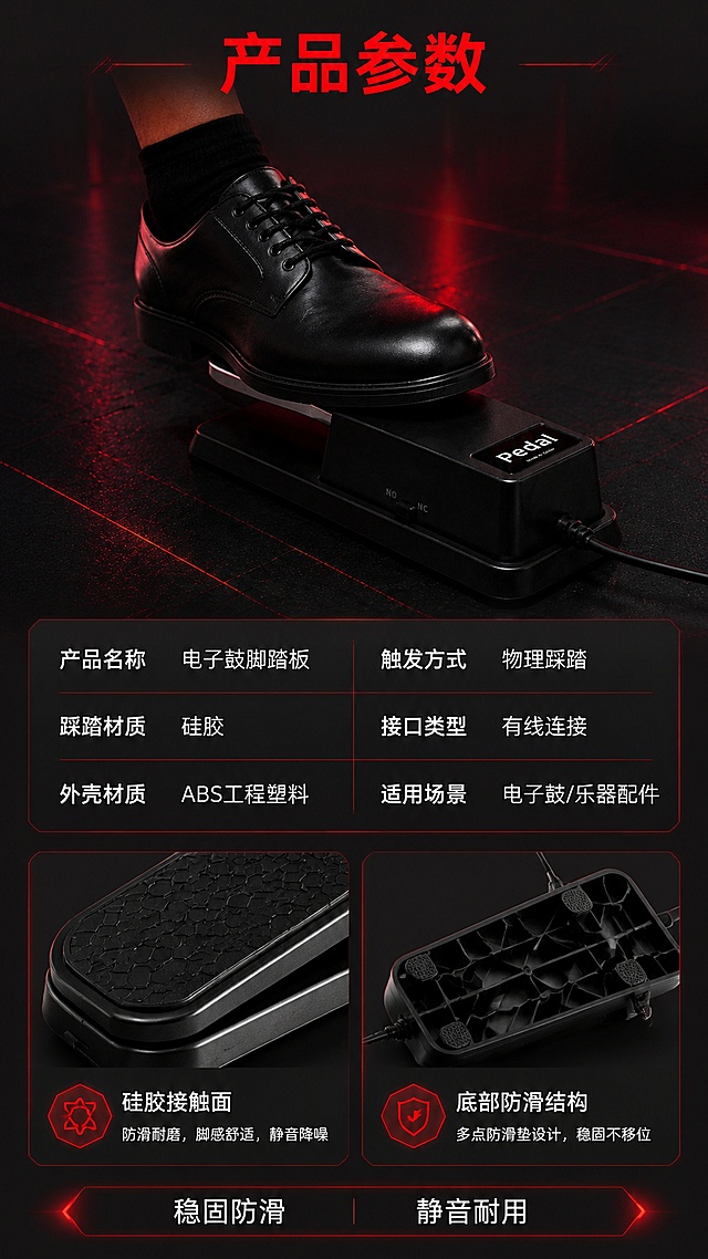 [第3屏] 产品信息-电子鼓脚踏板参数规格与材质细节。本屏使用【图3】作为产品主体展示，【图4】作为细节补充，最后一屏参数收口。
[氛围/风格] 深色科技专业风，红黑配色，严谨清晰的参数信息页风格。
[元素布局] 上半部分为脚踏板45°全貌图，产品结构、颜色、标识与输入图一致，占比约45%；下半部分为参数表与材质细节区，左侧放踏板硅胶接触面微距特写，右侧放底部防滑结构示意；背景为深灰色渐变，红色细线分割信息区块。
[光影质感] 均匀柔光打亮产品与细节，红色边缘光点缀，整体清晰锐利，突出材质质感。
[配色色系] 全局底色 #1A1A22；主色黑色产品+红色标题/分割线；辅助色深灰、白色参数文字。
[视角构图] 上下构图，上产品下参数，阅读动线顶部产品→中部标题→下方参数表。
[文字版式] 版式为上产品图 + 下参数信息区。顶部主标题「产品参数」，红色粗体居中；参数表分两列：左侧「产品名称 电子鼓脚踏板」「踩踏材质 硅胶」「外壳材质 ABS工程塑料」，右侧「触发方式 物理踩踏」「接口类型 有线连接」「适用场景 电子鼓/乐器配件」；底部一行「稳固防滑 静音耐用」标签；文字为白色简体中文，参数清晰对齐，字号保证移动端可读。
[比例分辨率] 9:16 竖版比例，4K分辨率，文字清晰可辨，高清画质。
[负向提示词] 产品变形，缺件错件，结构错误，颜色偏差，水印，文字错乱，文字过小，产品图模糊，背景杂乱。