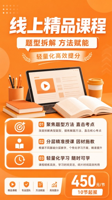 线上精品课程招生海报，专业清晰教育风格，主色调#f18d44，搭配白色文字突出重点。主标题"线上精品课程"，副标题"题型拆解 方法赋能"，装饰文案"轻量化高效提分"。卖点信息：1.聚焦题型方法 直击考预览效果