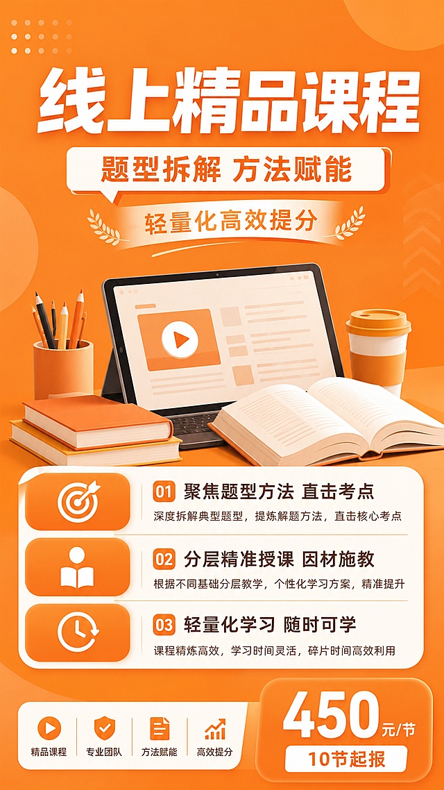 线上精品课程招生海报，专业清晰教育风格，主色调#f18d44，搭配白色文字突出重点。主标题"线上精品课程"，副标题"题型拆解 方法赋能"，装饰文案"轻量化高效提分"。卖点信息：1.聚焦题型方法 直击考点 2.分层精准授课 因材施教 3.轻量化学习 随时可学，右下角标注报名价格"450元/节 10节起报"。画面版式精美，采用信息卡片清晰分区排版，专业学习氛围，背景为暖橙色#f18d44渐变色，搭配简约几何装饰元素，文字清晰可读，整体9:16竖版，分辨率4K