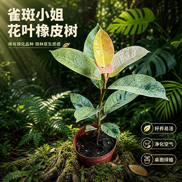 [主图-1] 热带雨林氛围英雄主图，展示雀斑小姐花叶橡皮树的整体美感与稀有锦化叶片特征。
[统一基调] 热带雨林自然清新风格，背景主色为深绿+翠绿渐变，点缀阳光丁达尔效应；标题字色为米白色，辅助字色为浅草绿，强调色为暖金色；字体为简洁现代无衬线粗体，字号层级分明；整体采用自然商业摄影质感，柔和自然光从左上方斜射。
[画面] 雀斑小姐花叶橡皮树盆栽置于画面正中央，主体占比约70%，45°微仰视角度完整展示植株形态与叶片层次；背景为热带雨林场景，有高大的龟背竹、散尾葵、蕨类植物作为虚化远景，阳光透过树叶形成斑驳光影洒在叶片上；盆栽放置在一块长满青苔的老树根上，周围点缀几片落叶与小型蕨类，营造原生雨林氛围；左上角留白处放置主标题。
[光影质感] 商业摄影级质感，主光从左上方45°照射，叶片表面有自然光泽与通透感，新叶的橙粉色锦斑清晰可见，叶片纹理细腻；盆栽底部有柔和自然的接触阴影，整体光影层次丰富，营造午后雨林的温暖治愈感。
[配色] 背景以不同层次的绿色为主，叶片的绿白锦斑与橙粉新叶形成视觉焦点，米白色标题与暖金色点缀提升高级感；整体色调清新自然，饱和度适中。
[文字版式] 左上角放置主标题"雀斑小姐 花叶橡皮树"，字体为粗体无衬线，米白色大号字；下方小字辅助文案"稀有锦化品种 雨林原生质感"，浅草绿色，字号缩小50%；右下角放置三个轻量标签图标分别标注"好养易活""净化空气""桌面绿植"，文字清晰不遮挡主体。
[输出要求] 1:1正方形比例，2048*2048像素，产品清晰完整，叶片细节真实，文字清晰可读，背景虚化自然；禁止变形、错字、模糊、杂乱、水印、平台Logo、多余人物。