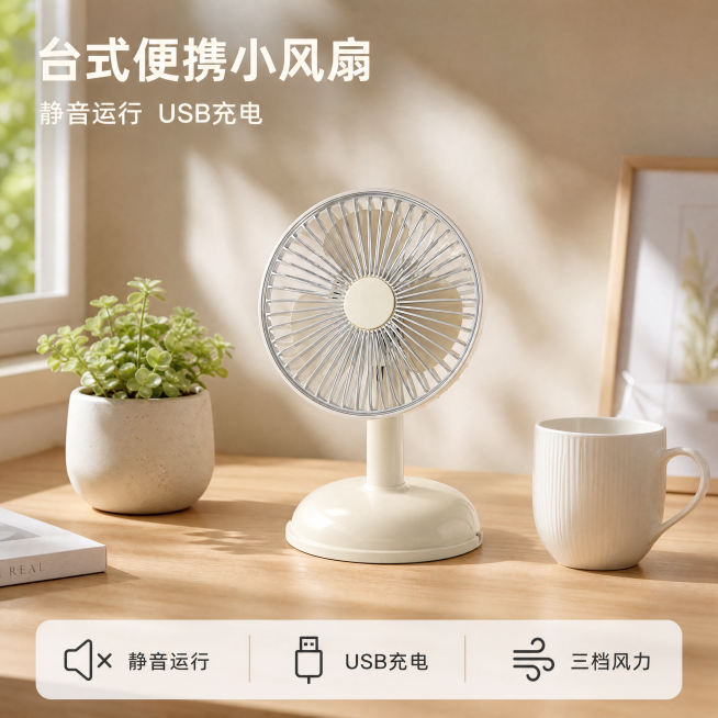 「图片1」，生成一套主图（5张），商品名称是台式USB充电便携小风扇，卖点是静音运行”“USB充电”“长续航”“三档风力”，风格是家居治愈风，适配淘宝/天猫平台，主图比例为1:1预览效果