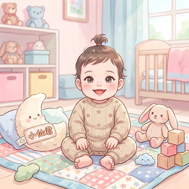 根据原图修改，保留婴儿小仙君，保留粉色婴儿房玩具场景，将大人替换为6个月到10个月大的小孩小仙君，小孩穿现代日常装扮，不要古代服饰，小孩保持微笑表情，面部精致，线条凌厉，漫画风格，保留左侧抱枕上的文字预览效果