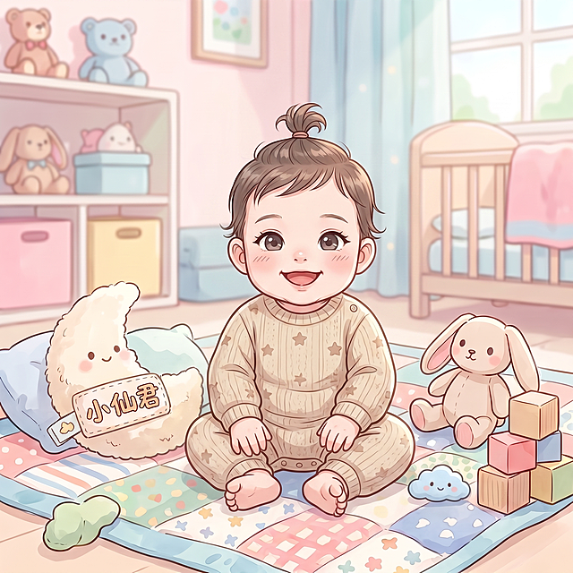 根据原图修改，保留婴儿小仙君，保留粉色婴儿房玩具场景，将大人替换为6个月到10个月大的小孩小仙君，小孩穿现代日常装扮，不要古代服饰，小孩保持微笑表情，面部精致，线条凌厉，漫画风格，保留左侧抱枕上的文字"小仙君"