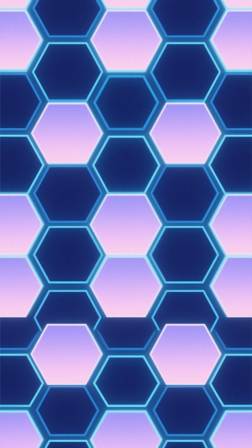 蜂窝背景图案，由相互连接的六边形网格构成，采用深蓝色与浅蓝色渐变线条勾勒，六边形内部填充淡紫色与浅粉色渐变，线条边缘带有轻微的发光效果，整体呈现出一种现代简约且富有科技感的风格，图案无缝重复排列，形成均匀对称的几何纹理，色彩搭配清新明快，具有良好的视觉延展性和装饰性。预览效果