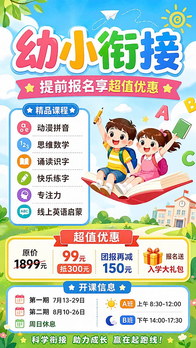 幼小衔接招生海报，清新活力风格，9:16竖版，主标题“幼小衔接”，副标题“提前报名享超值优惠”，课程列表带彩色小点图标：“动漫拼音 · 思维数学 · 诵读识字 · 快乐练字 · 专注力 · 线上英语启蒙”，优惠信息：“原价1899元 99元抵300元 团报再减150元 报名送入学大礼包”，开课信息：“第一期 7月13-29日 第二期 8月10-26日 周日休息 A班上午8:30-12:00 B班下午14:00-17:30”，版式精美，所有文字清晰可读，层级分明，配色活泼，适合幼童教育培训宣传
