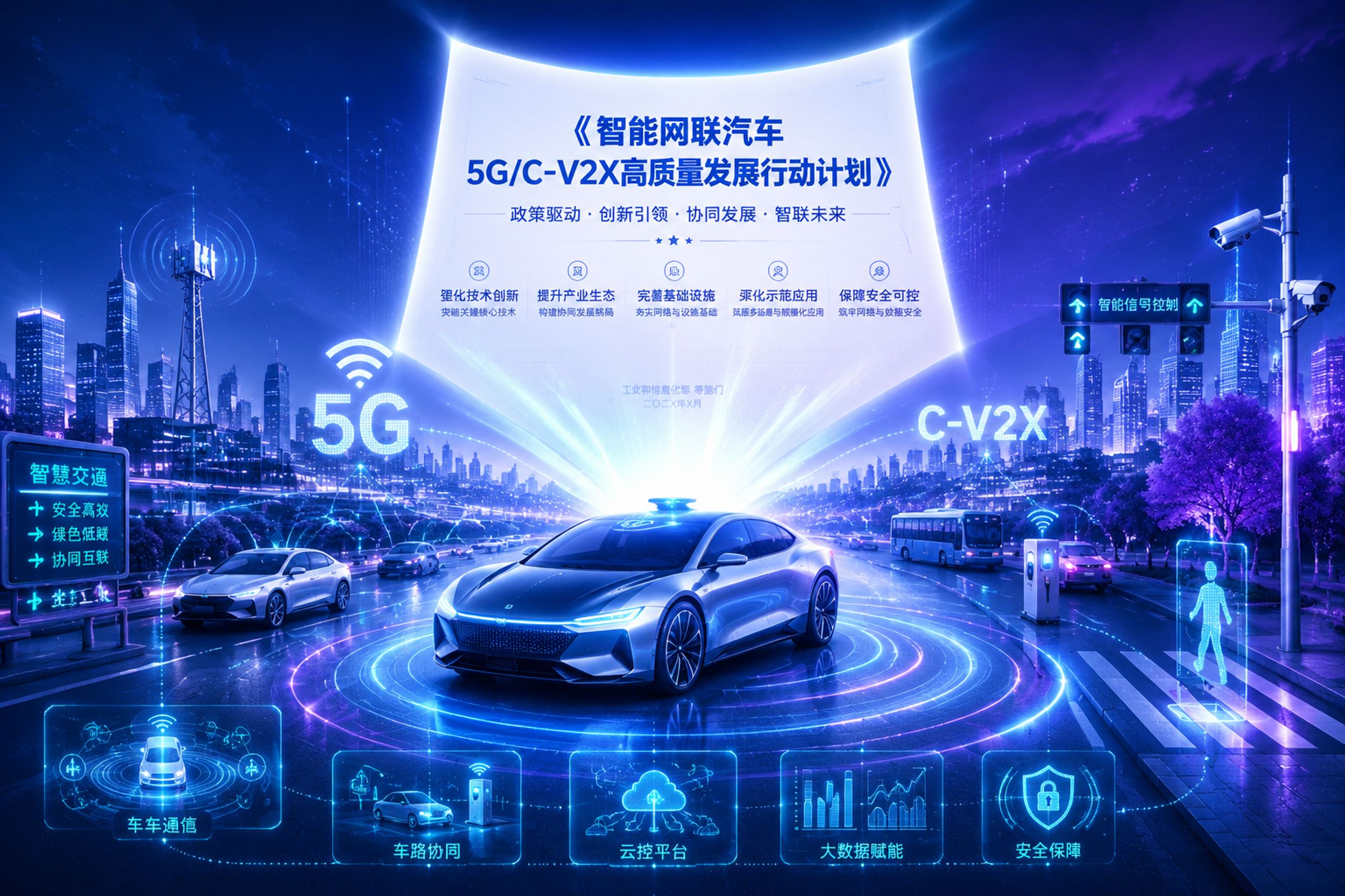 国家政策驱动智能网联汽车5G/C-V2X高质量发展的科技概念图… - 图片创意预览