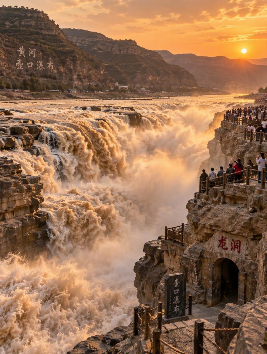 壶口瀑布山西侧视角全景图，从山西侧河岸俯瞰壶口瀑布全貌，黄河水… - 图片创意预览