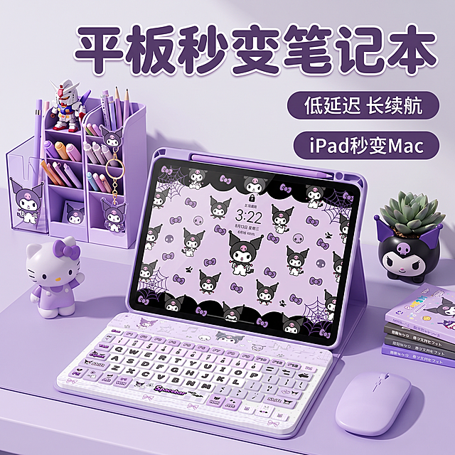 根据风格，生成一张主图，比例为1：1，凯蒂猫的元素全部替换成库洛米的，并改为紫色系主图，将壁纸替换成别的库洛米主题