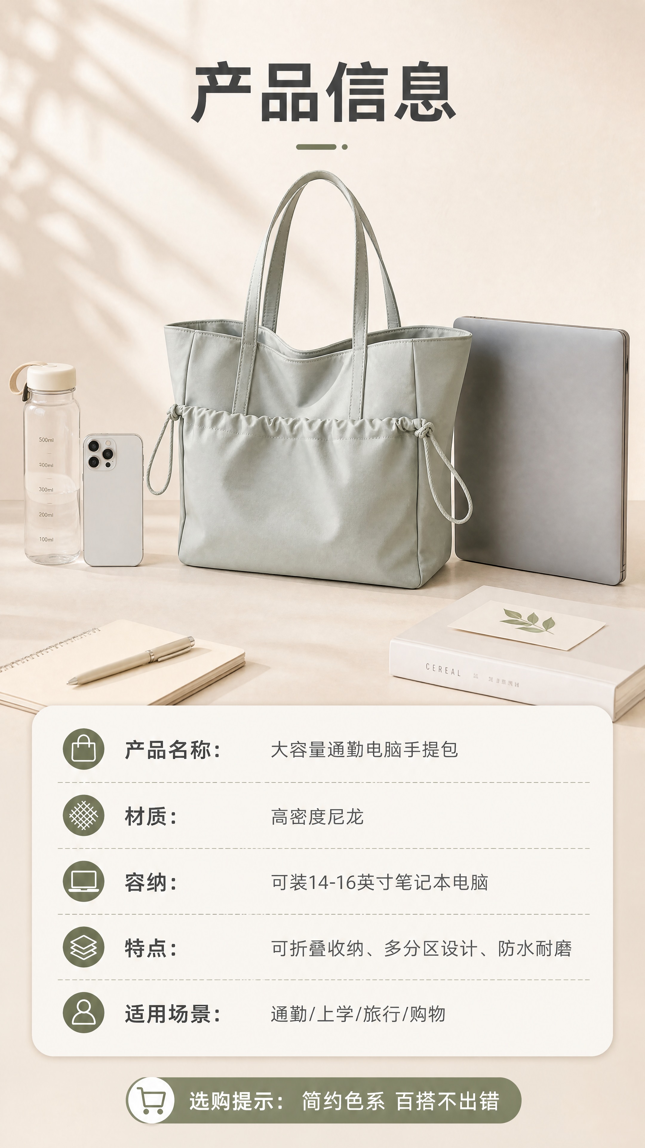 [商品] 使用【图1】浅灰绿色尼龙托特电脑手提包；商品处理：保… - 图片创意预览