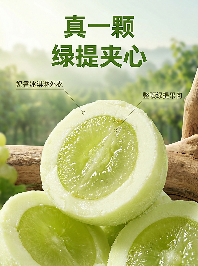 [主图-2] 产品核心卖点细节展示
[氛围风格] 真实新鲜产地溯源风格
[画质] 商业美食摄影质感，光线柔和通透，产品细节清晰真实
[元素] 以切开的冻葡萄为画面主体，展示横截面：外层包裹着奶香味冰淇淋，内里是完整的绿提果肉，对比分明。背景融入淡绿色葡萄园朦胧场景，突出原料新鲜。保持产品外观颜色质感与原图一致，细节处对焦清晰，放大展示夹心结构。商品主体占比约70%，画面饱满不拥挤
[光影] 自然逆光穿透葡萄果肉，突出果肉晶莹通透质感，整体光线明亮清新
[配色] 主色为清新浅绿，搭配原木色背景，保留产品自然色泽
[视角构图] 微距特写视角，主体居中，浅景深突出产品细节
[文字版式] 用极细引线指向产品不同部位标注：外层标注「奶香冰淇淋外衣」，内层标注「整颗绿提果肉」，字体小巧清晰，颜色和背景形成柔和对比。顶部主文案大字写着“真一颗 绿提夹心”，绿色粗体醒目，不遮挡产品细节
[比例分辨率] 3:4比例，2K分辨率，文字清晰可辨，超高清
[负向提示词] 变形，水印，文字错乱，产品模糊，背景杂乱，脏点，过度修图
