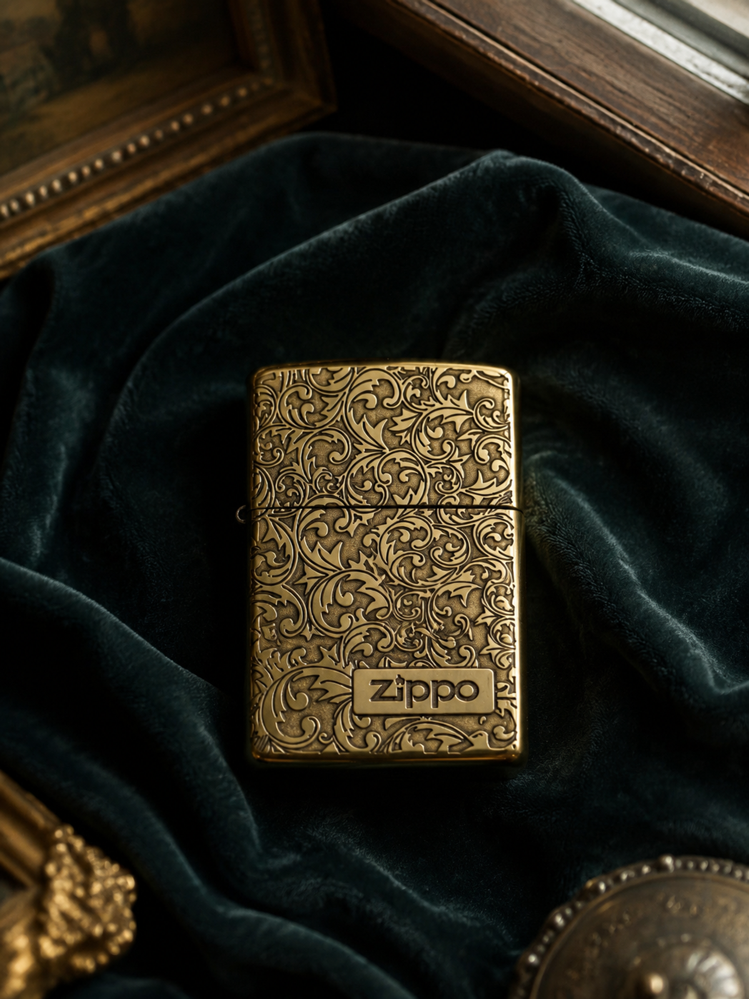 奢侈品商业静物摄影，主体为参考图同款黄铜唐草雕花Zippo打火… - 图片创意预览