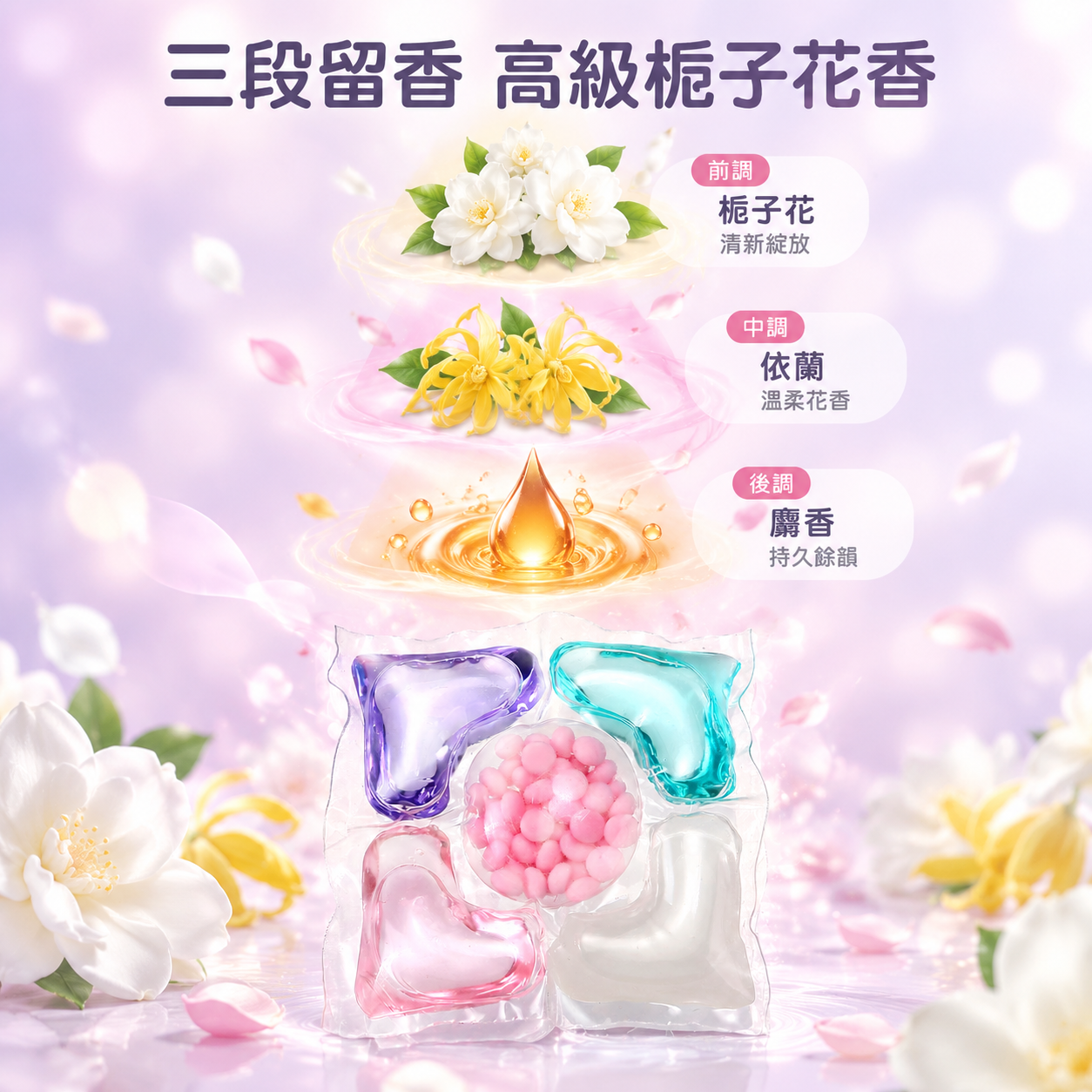 [主图-4] 五合一洗衣凝珠香调层次图，任务是展示前调栀子花、… - 图片创意预览