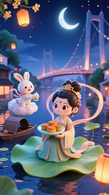 Q 版嫦娥坐在漂浮的荷叶上，手里捧着装满月饼的玉盘，Q 版玉兔踩着云朵递桂花酒，下方是江南水乡乌篷船与现代跨江大桥同框，夜空挂着月牙和小灯笼预览效果