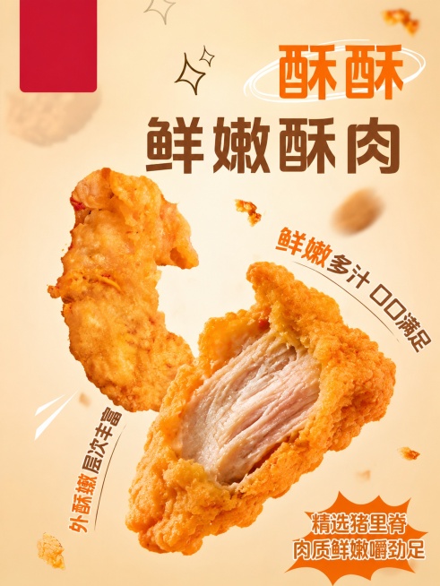 「图片1」参考图片风格，重新生成画面内容「图片1」帮我把炸鸡改为酥肉，并且生成酥肉撕开的样子，修改文案预览效果