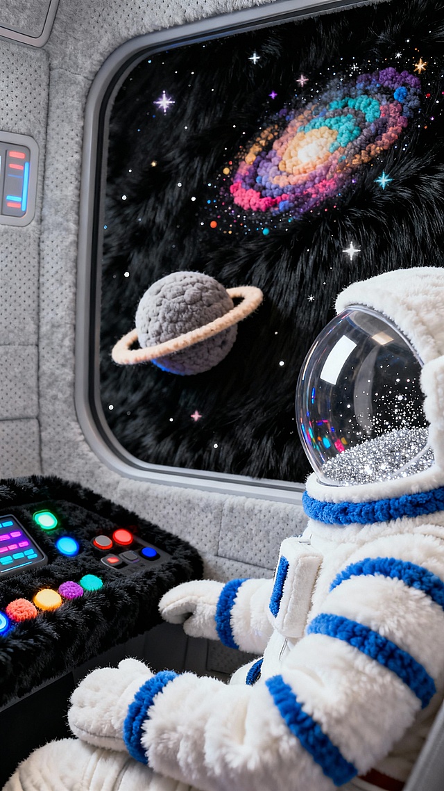 科幻毛绒空间站内部场景，舱内墙壁是浅灰色抗菌毛绒材质，表面有细小纹理，控制台被黑色毛绒包裹，按钮是彩色发光毛绒，宇航员穿着白色毛绒宇航服，带有蓝色毛绒条纹，头盔呈现透明毛绒质感，漂浮的宇宙尘埃是银色毛绒颗粒，窗外是深空毛绒背景，黑色长毛绒中点缀彩色星云毛绒，远处星球是带环状毛绒的球体，整体氛围兼具科技感与治愈感，高亮度，清晰细节，毛绒质感紧致不蓬松