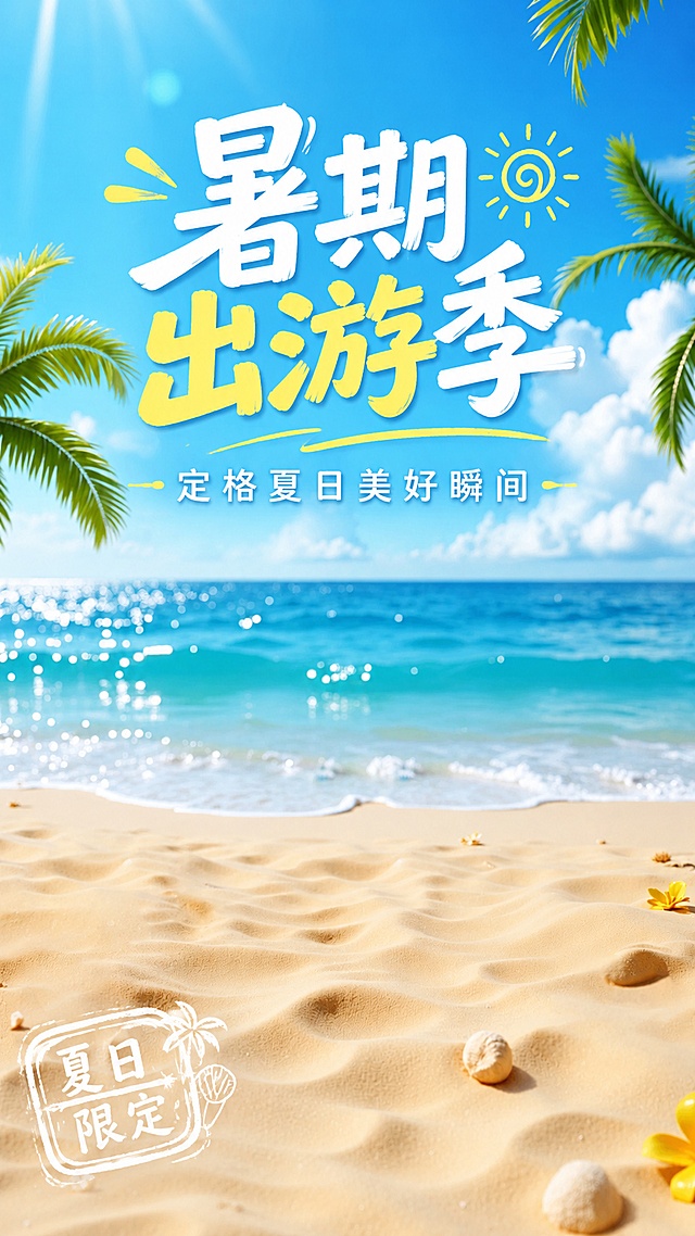 基于提供的沙滩海景背景图，制作暑期出游季宣传海报，保持原有清新的蓝色大海和金色沙滩场景。画面顶部居中添加主标题"暑期出游季"，下方添加副标题"定格夏日美好瞬间"，左下角添加装饰小字"夏日限定"，文字清晰可读，排版精美，整体为清新夏日写实风格，画面比例9:16，保留原有场景的通透光线和自然氛围。