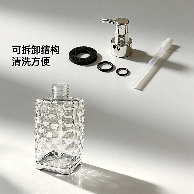 [主图-7] 泵头拆解细节展示图
[氛围风格] 质感细腻静物拆解摄影，干净清晰
[画质] 8K超高清写实，细节清晰，质感细腻
[元素] 浅灰柔光背景，下方放置空的泡泡纹透明分装瓶，瓶身上方平整摊放拆分好的三个配件：电镀泵头、橡胶密封垫圈、加长吸管，清晰展示泵头内部结构细节。瓶子和所有配件保持外观（物理结构、材质质感、颜色，泡泡纹理）与输入产品图绝对一致，杜绝任何变形和色差。商品整体占比75%，画面满屏无边框。
[光影] 均匀柔和柔光，突出每个配件的材质质感，金属光泽和橡胶纹理清晰可见。
[配色] 浅灰背景，透明瓶身，银色电镀泵头，黑色橡胶垫圈，透明吸管，整体干净低饱和配色。
[视角构图] 俯视平铺构图，所有配件平整摊开放置，每个零件都清晰展示。
[文字版式] 左侧标注「可拆卸结构 清洗方便」，文字清晰不遮挡核心配件。
[比例分辨率] 1:1比例，4k分辨率，文字清晰可辨，超高清。
[负向提示词] 变形，水印，文字错乱，产品图模糊，背景杂乱，配件缺失